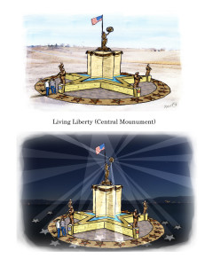 Concept sketch of central monument in day and at night.